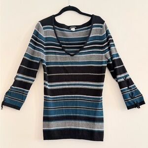 VENUS V-Neck Sweater Multicolor Of Stripes Criss Cross Sleeves Size XL